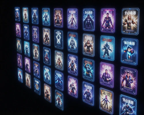 NovaDeck Games digital deck concept - holographic game cards organized in a futuristic library interface